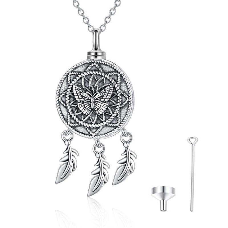 Sterling Silver Butterfly & Dream Catcher Urn Necklace for Ashes-1