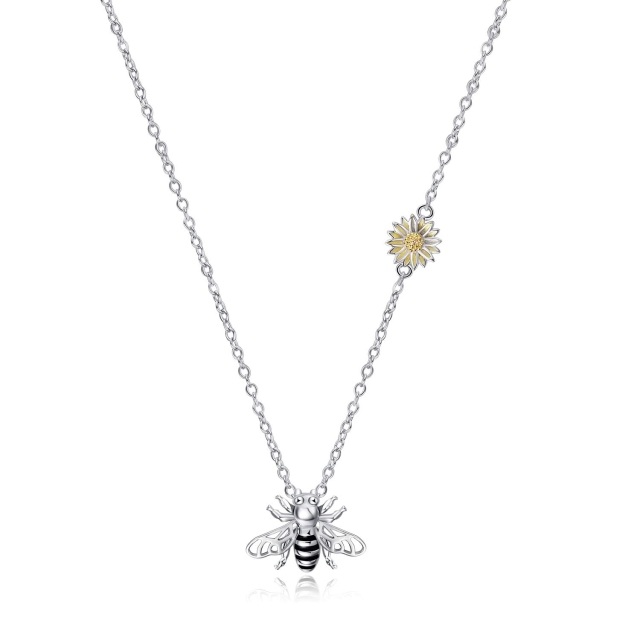 Sterling Silver Bee & Sunflower Pendant Necklace-0