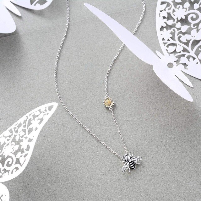 Sterling Silver Bee & Sunflower Pendant Necklace-3