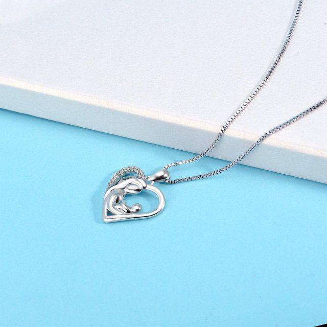 Sterling Silver Cubic Zirconia Mother & Heart Pendant Necklace-3