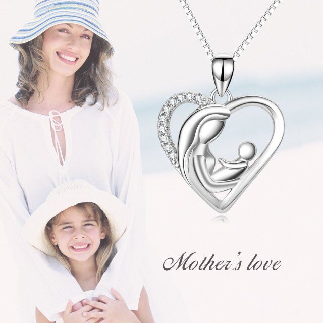 Sterling Silver Cubic Zirconia Mother & Heart Pendant Necklace-2