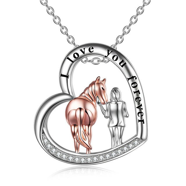 Sterling Silver Two-tone Circular Shaped Cubic Zirconia Horse & Heart Pendant Necklace with Engraved Word-0