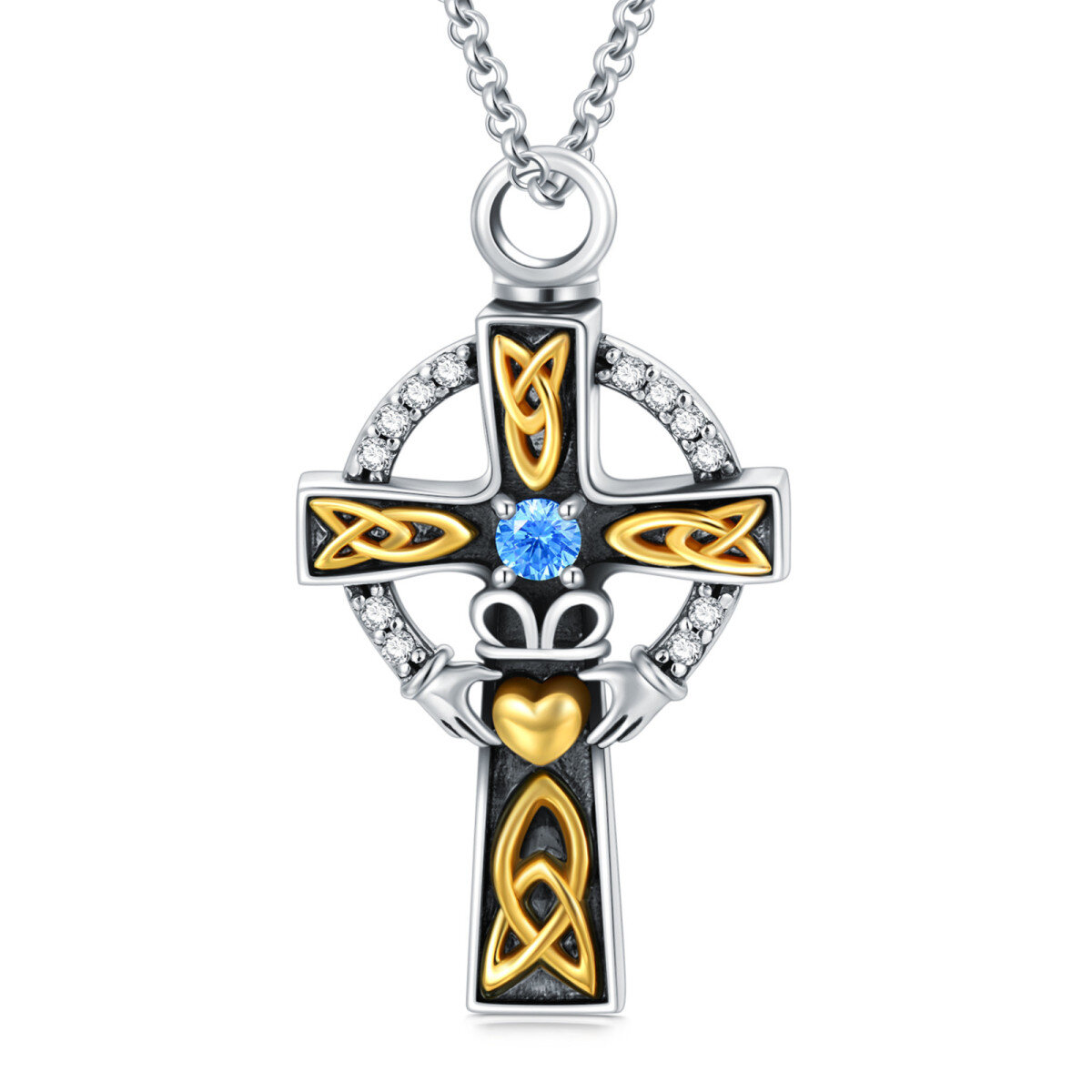 Sterling Silver Two-tone Cubic Zirconia Cross Urn Necklace for Ashes for Men-1