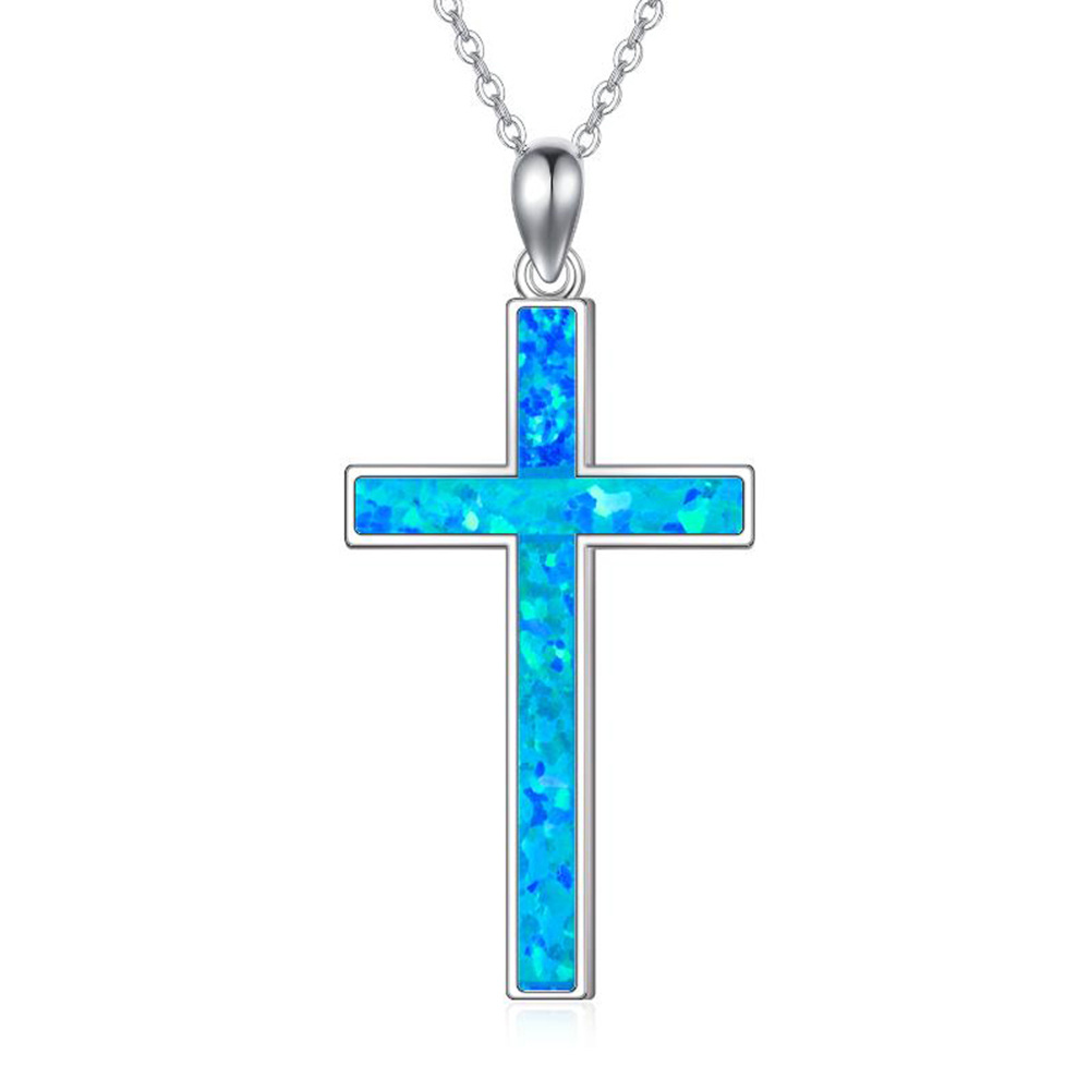 Sterling Silver Opal Cross Pendant Necklace-1