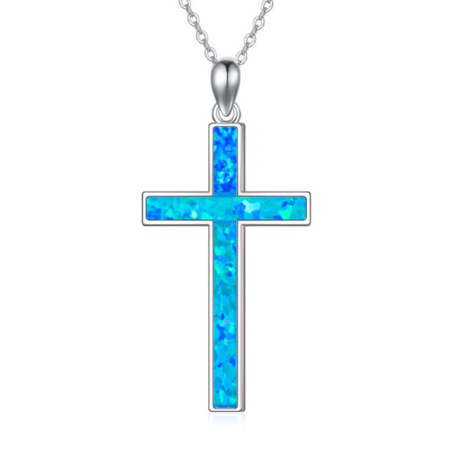 Sterling Silver Opal Cross Pendant Necklace-0