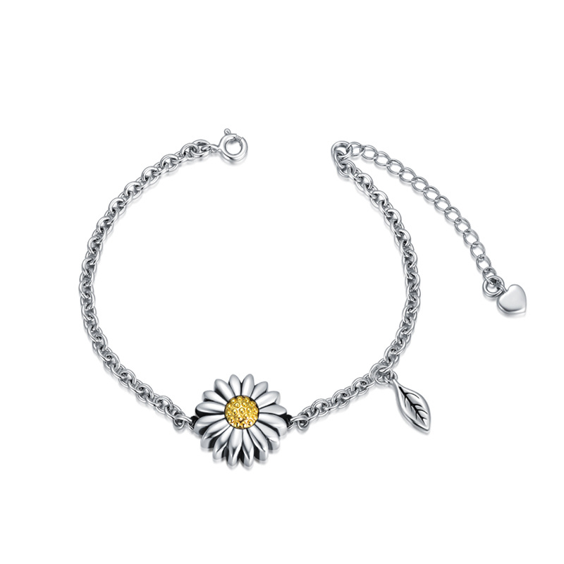 Sterling Silver Two-tone Sunflower & Leave Urn Bracelet for Ashes-1