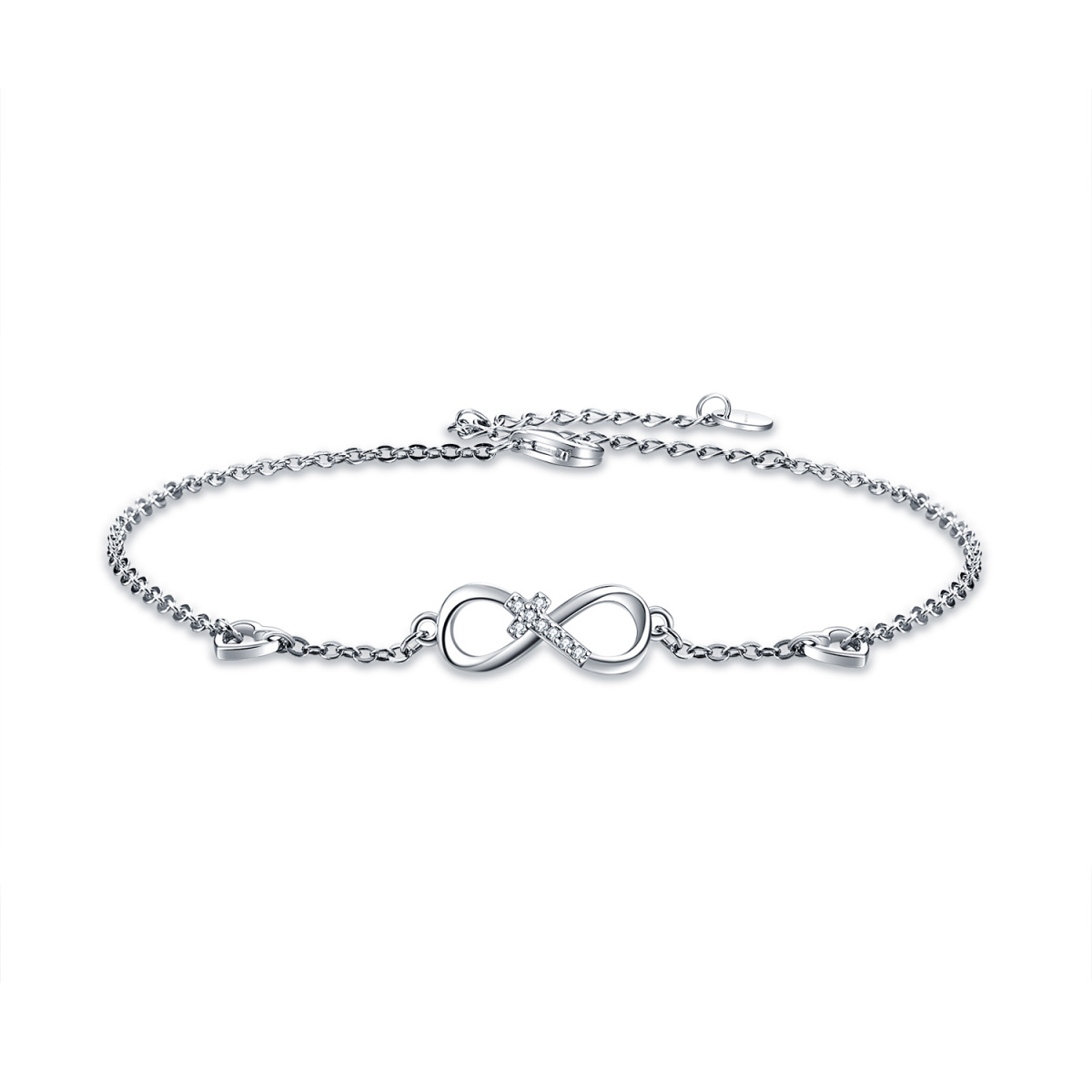 Sterling Silver Circular Shaped Cubic Zirconia Cross Single Layer Anklet-1