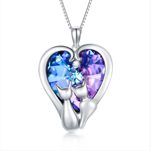 Sterling Silver Couple Cat & Heart Crystal Pendant Necklace-0