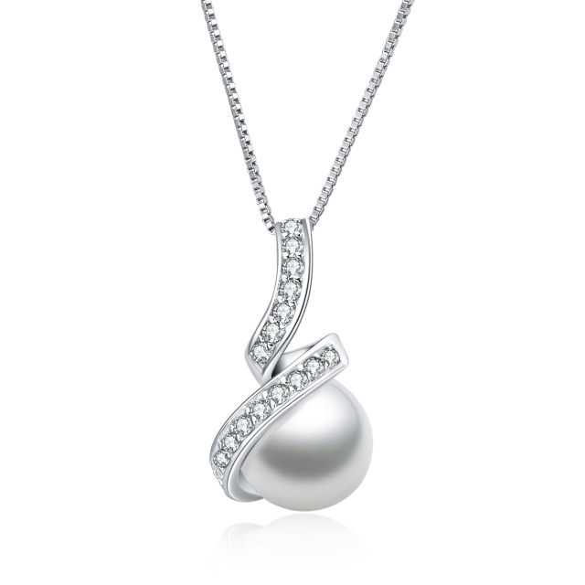 Sterling Silver Circular Shaped Cubic Zirconia & Pearl Round Pendant Necklace-0