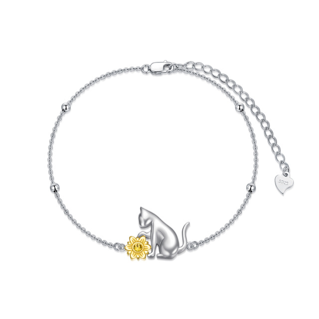 Sterling Silver Two-tone Crystal Cat & Sunflower Pendant Bracelet-4