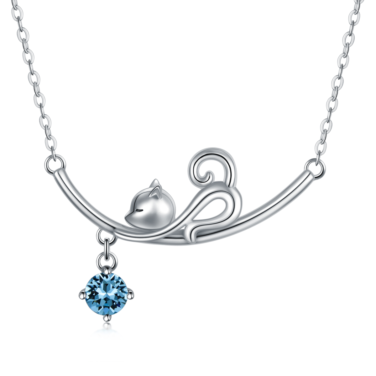 Collier en argent sterling avec pendentif chat et coeur en cristal de forme circulaire-1