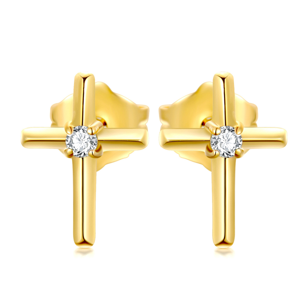 14K Gold Cubic Zirconia Cross Stud Earrings-1
