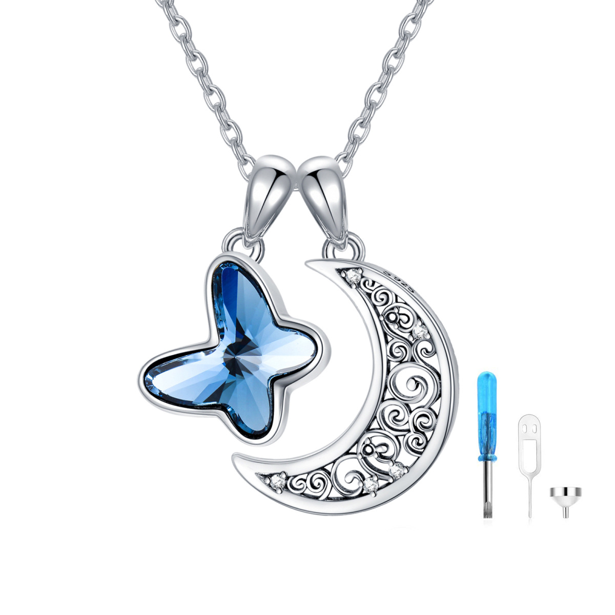 Sterling Silber Kristall Schmetterling & Mond Urne Halskette-1