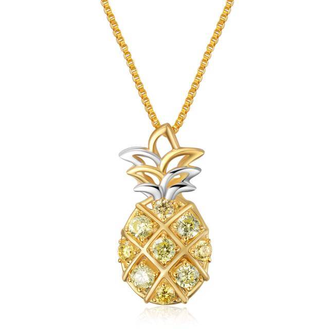 Sterling Silver Two-tone Circular Shaped Cubic Zirconia Pineapple Pendant Necklace-4