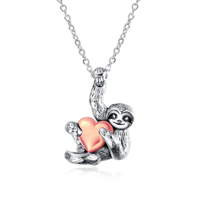 Sterling Silver Sloth & Rose Gold Heart Pendant Necklace-1