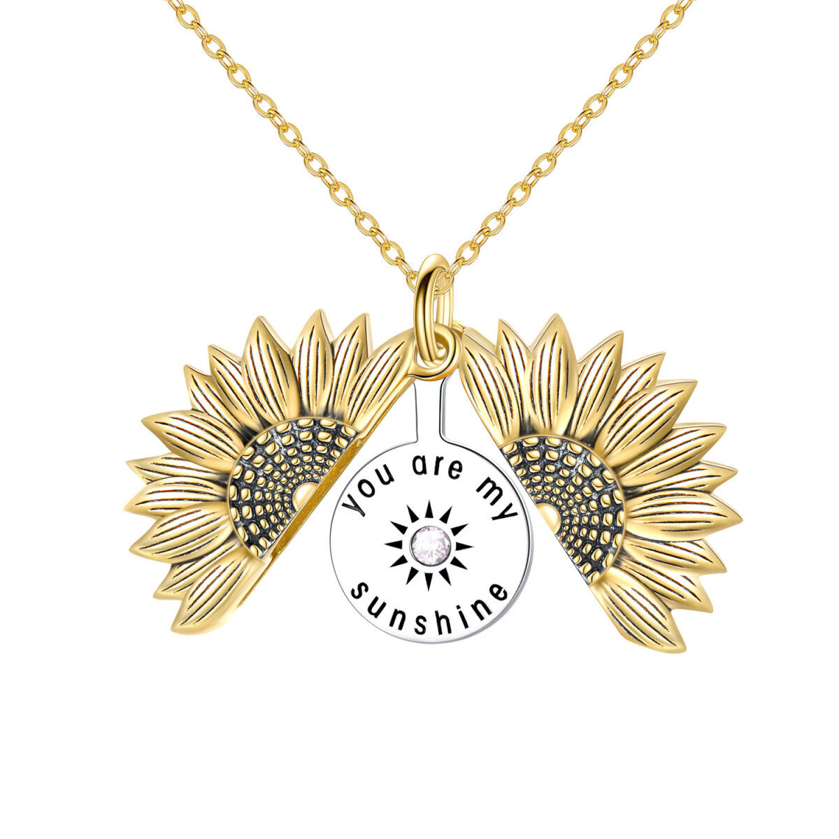 Sterling Silver Two-tone Cubic Zirconia & Personalized Birthstone Sunflower Pendant Necklace with Engraved Word-1