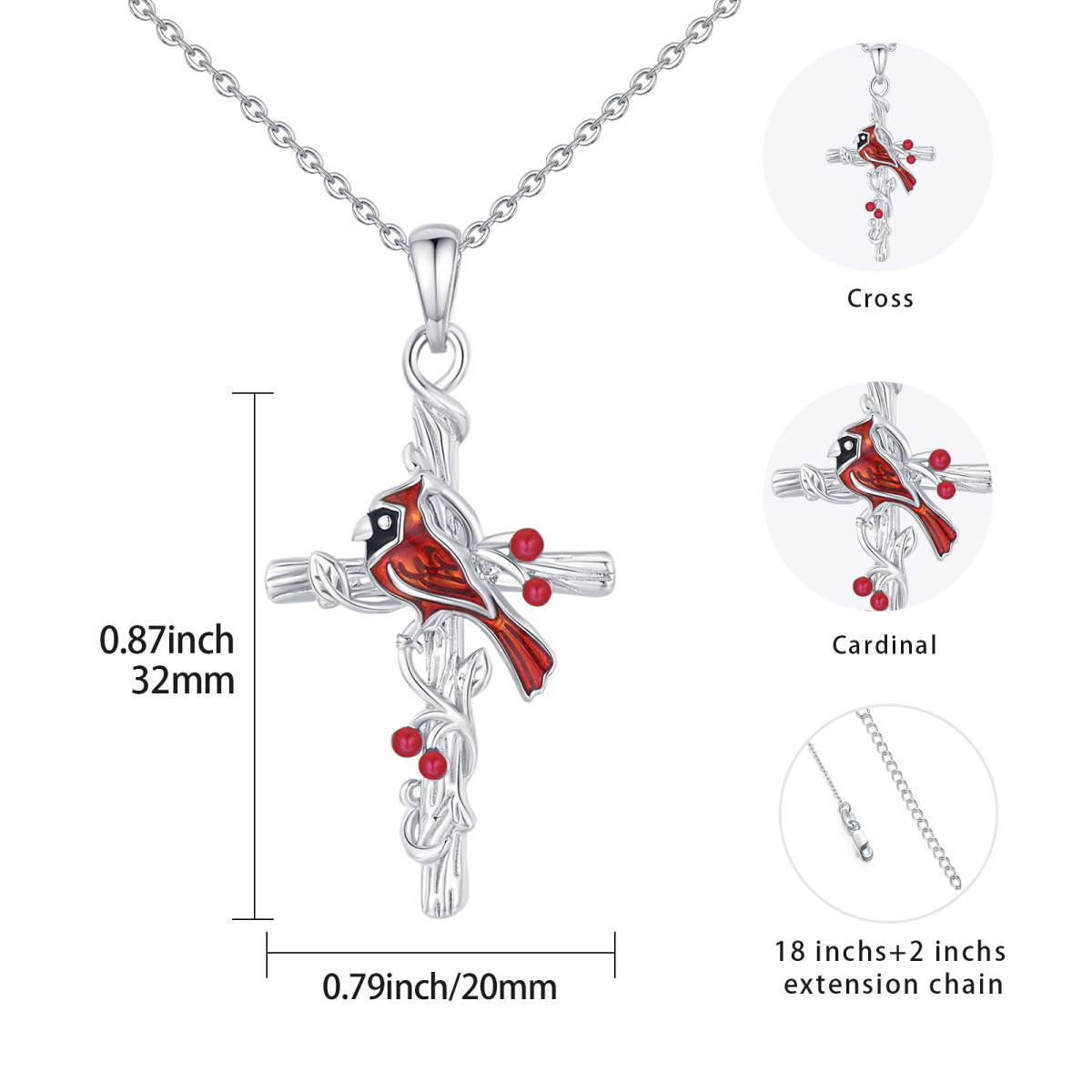 Sterling Silver Cardinal & Cross Pendant Necklace-5