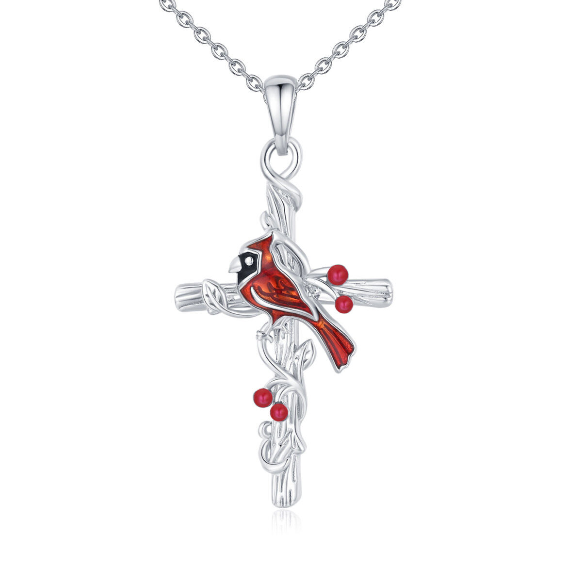 Sterling Silver Cardinal & Cross Pendant Necklace-1