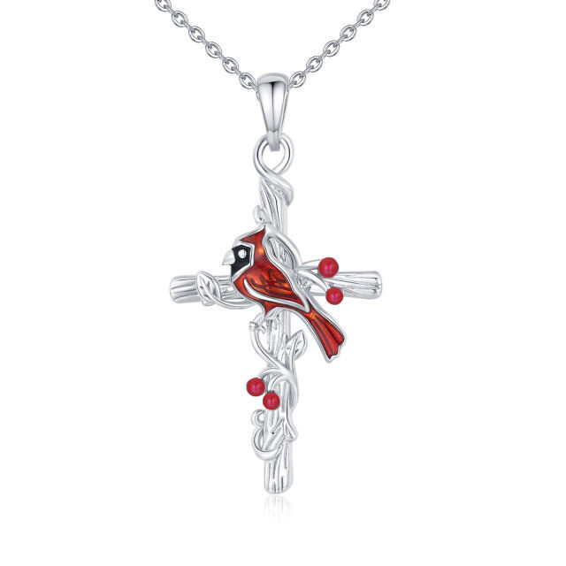 Sterling Silver Cardinal & Cross Pendant Necklace-0