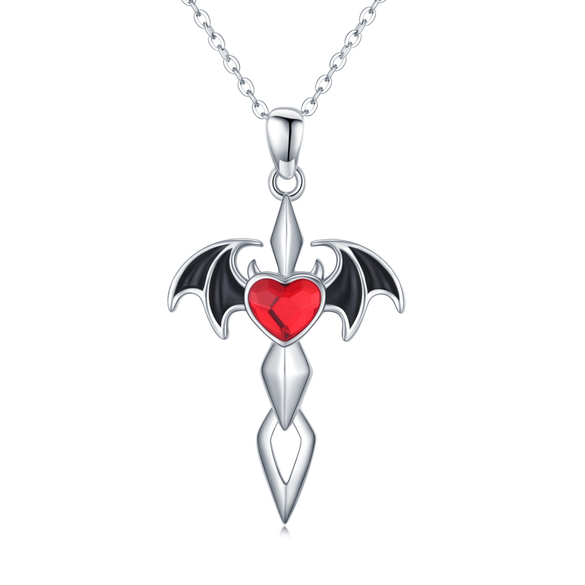 Sterling Silver Heart Cubic Zirconia Bat Pendant Necklace-1