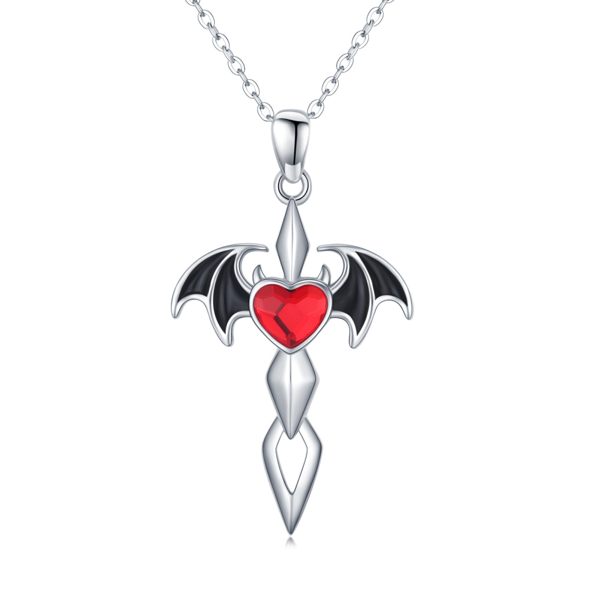 Sterling Silber Herz Cubic Zirkonia Fledermaus Anhänger Halskette-1