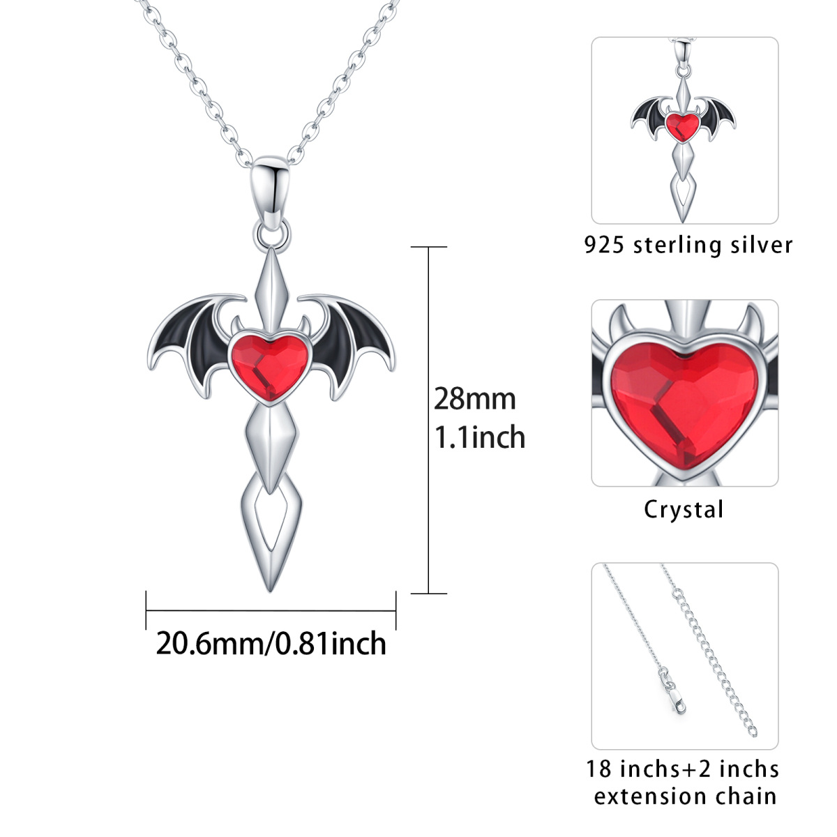 Sterling Silver Heart Cubic Zirconia Bat Pendant Necklace-6
