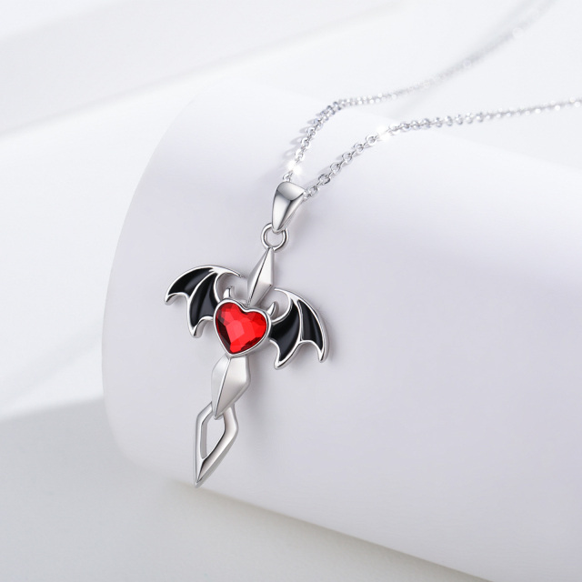 Sterling Silver Heart Cubic Zirconia Bat Pendant Necklace-4