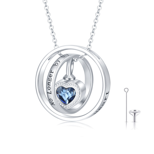 Collana per urne in cristallo d'argento con cuore e cerchio rotante per le ceneri con parola incisa