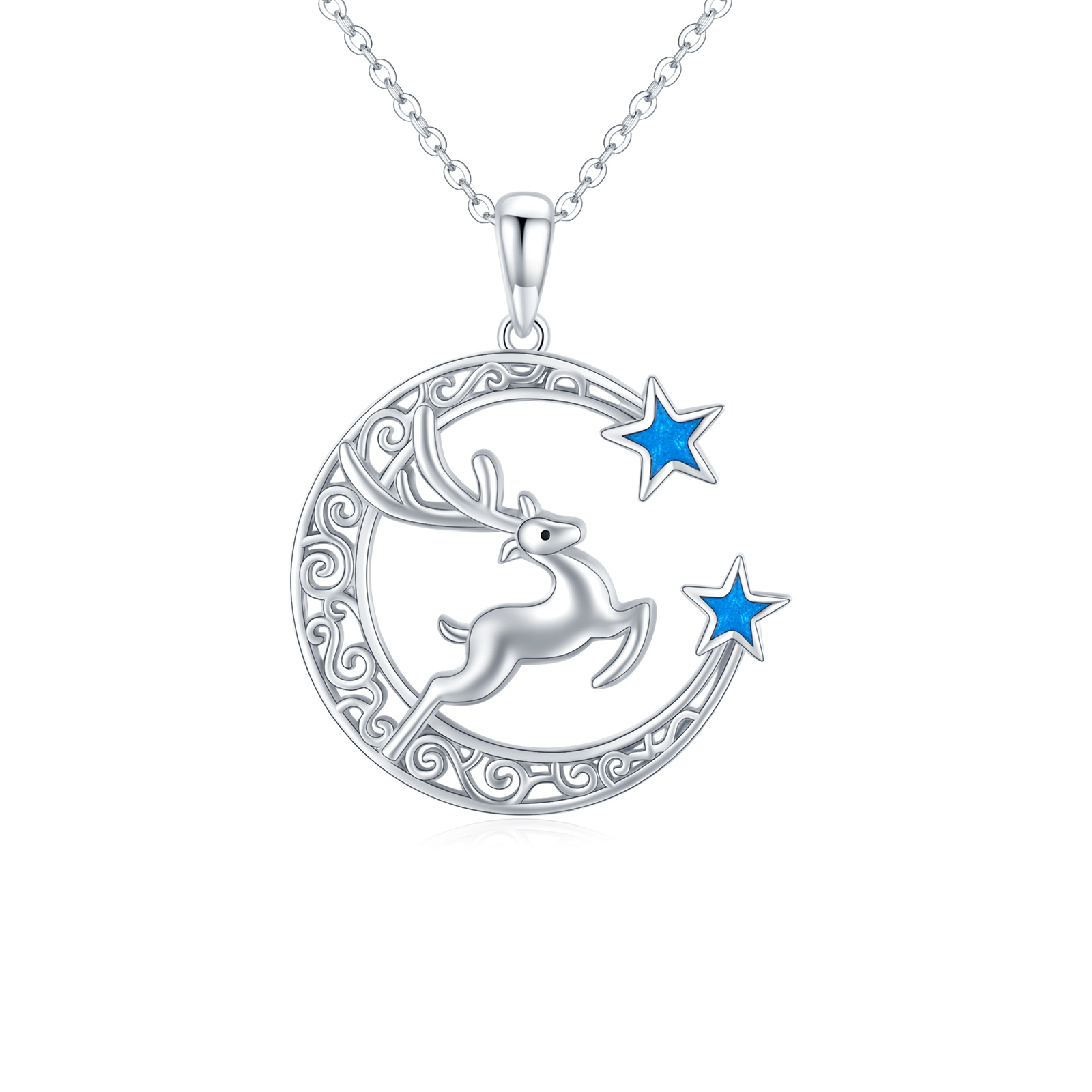 Sterling Silver Elk & Moon & Star Pendant Necklace-12