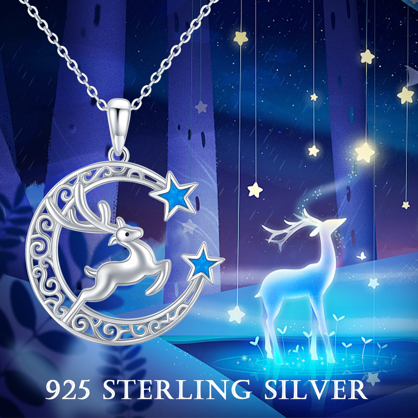 Sterling Silver Elk & Moon & Star Pendant Necklace-6