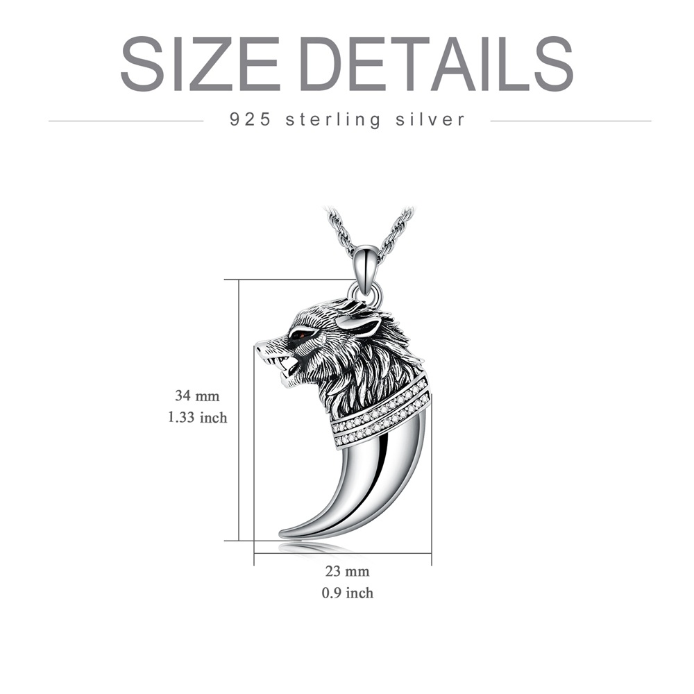 Sterling Silver Circular Shaped Cubic Zirconia Wolf Pendant Necklace-6