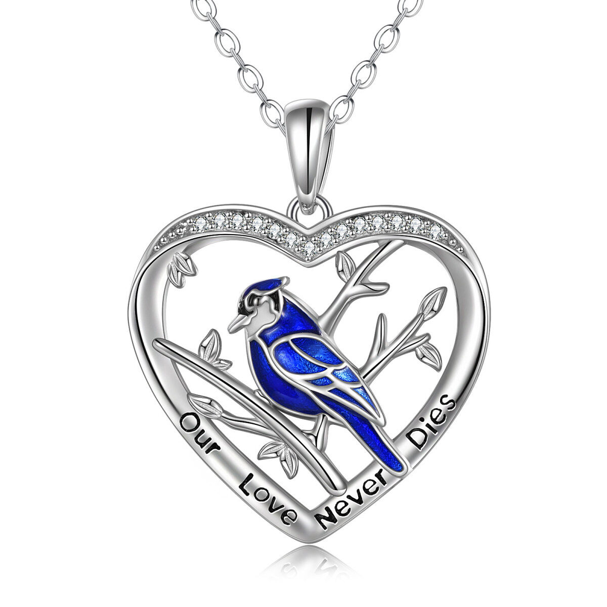 Sterling Silver Circular Shaped Cubic Zirconia Blue Jay & Heart Pendant Necklace with Engraved Word-1
