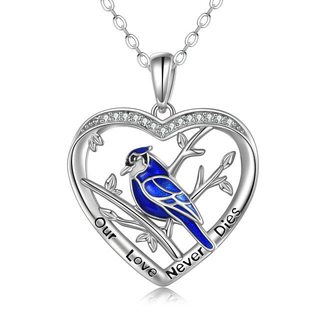 Sterling Silver Circular Shaped Cubic Zirconia Blue Jay & Heart Pendant Necklace with Engraved Word-0