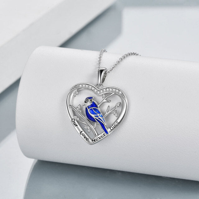 Sterling Silver Circular Shaped Cubic Zirconia Blue Jay & Heart Pendant Necklace with Engraved Word-2