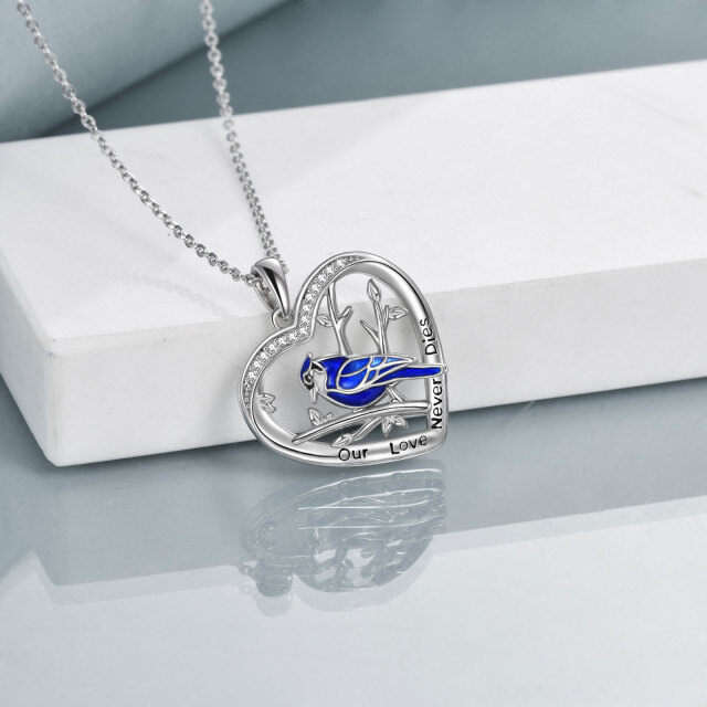 Sterling Silver Circular Shaped Cubic Zirconia Blue Jay & Heart Pendant Necklace with Engraved Word-3