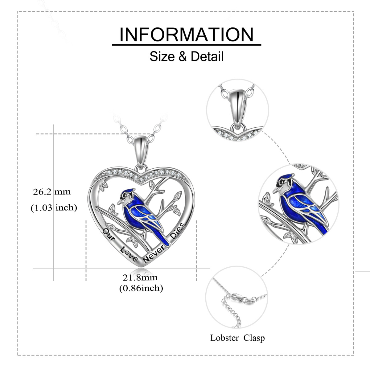 Sterling Silver Circular Shaped Cubic Zirconia Blue Jay & Heart Pendant Necklace with Engraved Word-5