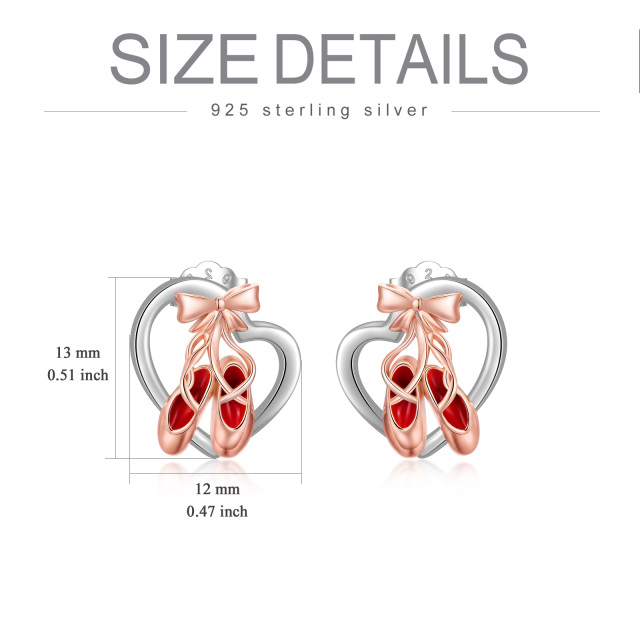 Sterling Silver Two-tone Ballet Shoes & Bow & Heart Stud Earrings-4