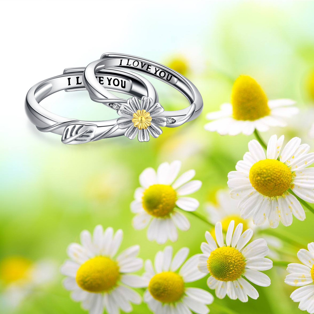 Bagues couple marguerite en argent sterling-7