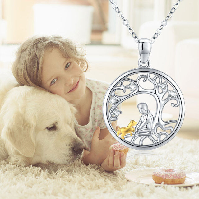 Sterling Silver Two-tone Circular Shaped Cubic Zirconia Dog Pendant Necklace-4