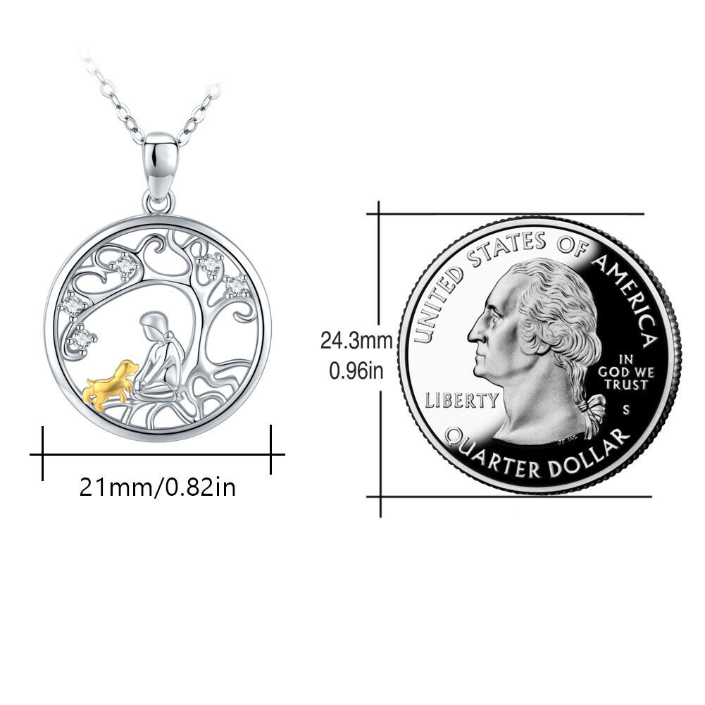 Sterling Silver Two-tone Circular Shaped Cubic Zirconia Dog Pendant Necklace-6