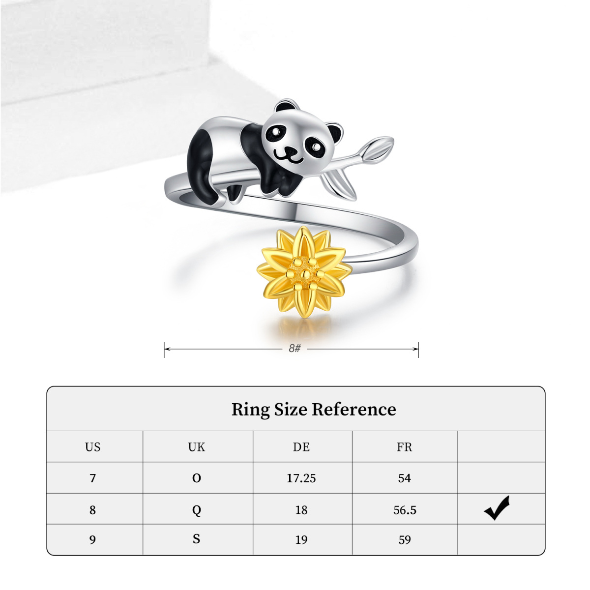 Sterling Silver Panda & Sunflower Open Ring-6