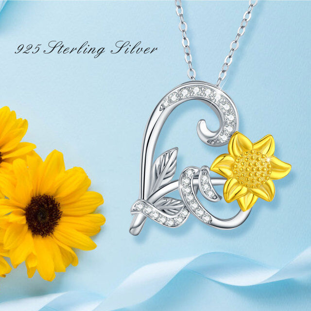 Sterling Silver Two-tone Circular Shaped Cubic Zirconia Sunflower & Heart Pendant Necklace-4