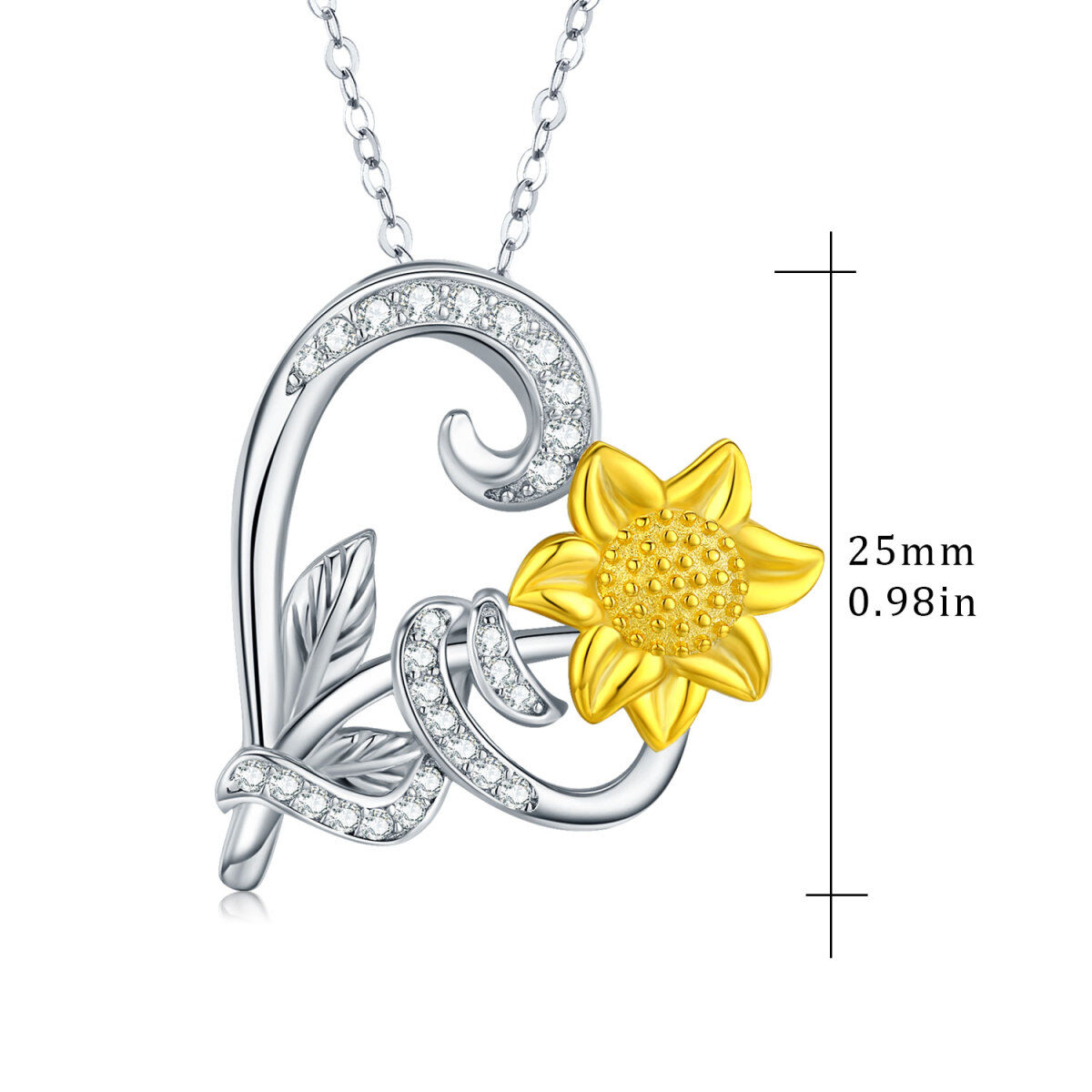 Sterling Silver Two-tone Circular Shaped Cubic Zirconia Sunflower & Heart Pendant Necklace-7