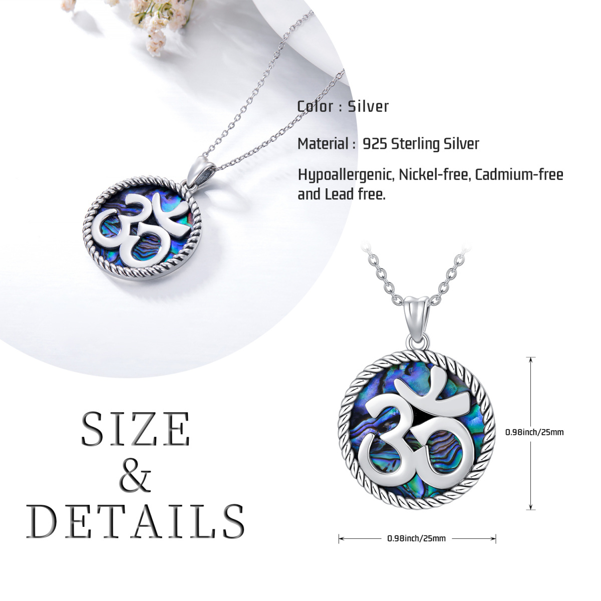 Sterling Silver Circular Shaped Abalone Shellfish Ohm Pendant Necklace-4