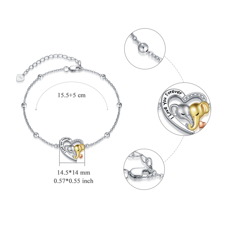 Sterling Silver Tri-tone Circular Shaped Cubic Zirconia Elephant & Heart Pendant Bracelet with Engraved Word-5