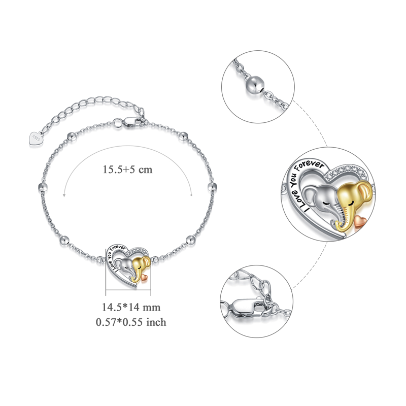 Sterling Silber Dreifarbig kreisförmig Cubic Zirkonia Elefant & Herz Anhänger Armband mit-5