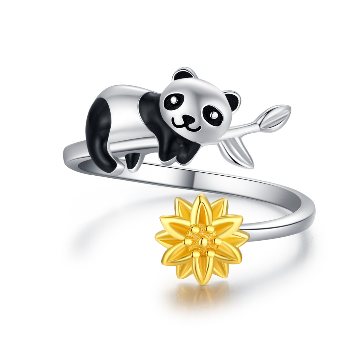 Sterling Silver Panda & Sunflower Open Ring-1