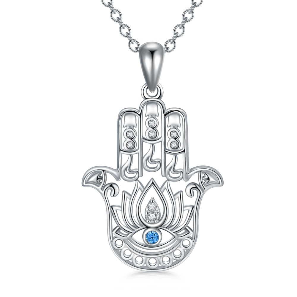 Sterling Silver Round Evil Eye & Hamsa Hand Pendant Necklace-1