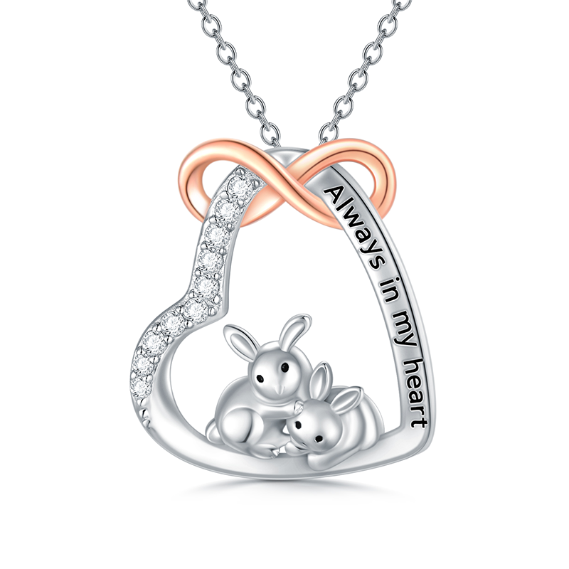 Sterling Silver Two-tone Circular Shaped Cubic Zirconia Rabbit & Heart & Infinity Symbol Pendant Necklace with Engraved Word-1