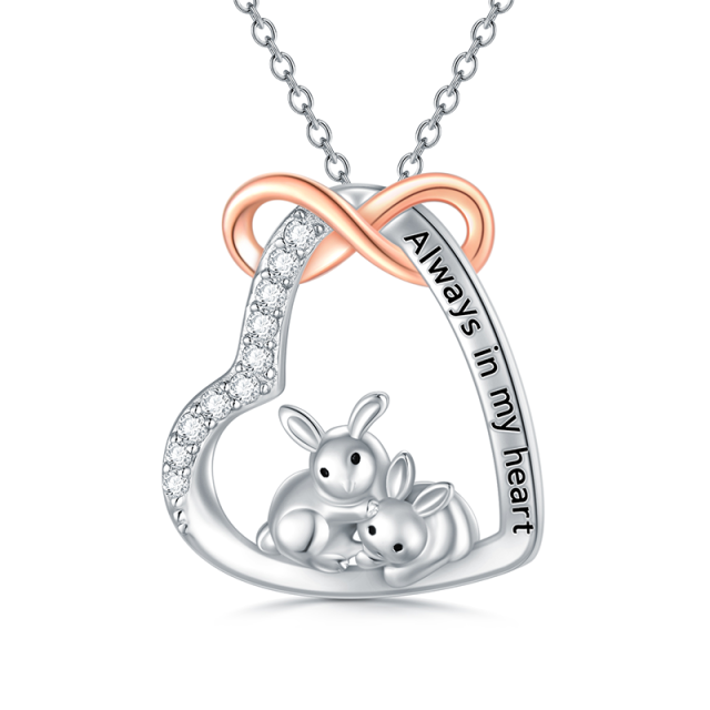 Sterling Silver Two-tone Circular Shaped Cubic Zirconia Rabbit & Heart & Infinity Symbol Pendant Necklace with Engraved Word-0